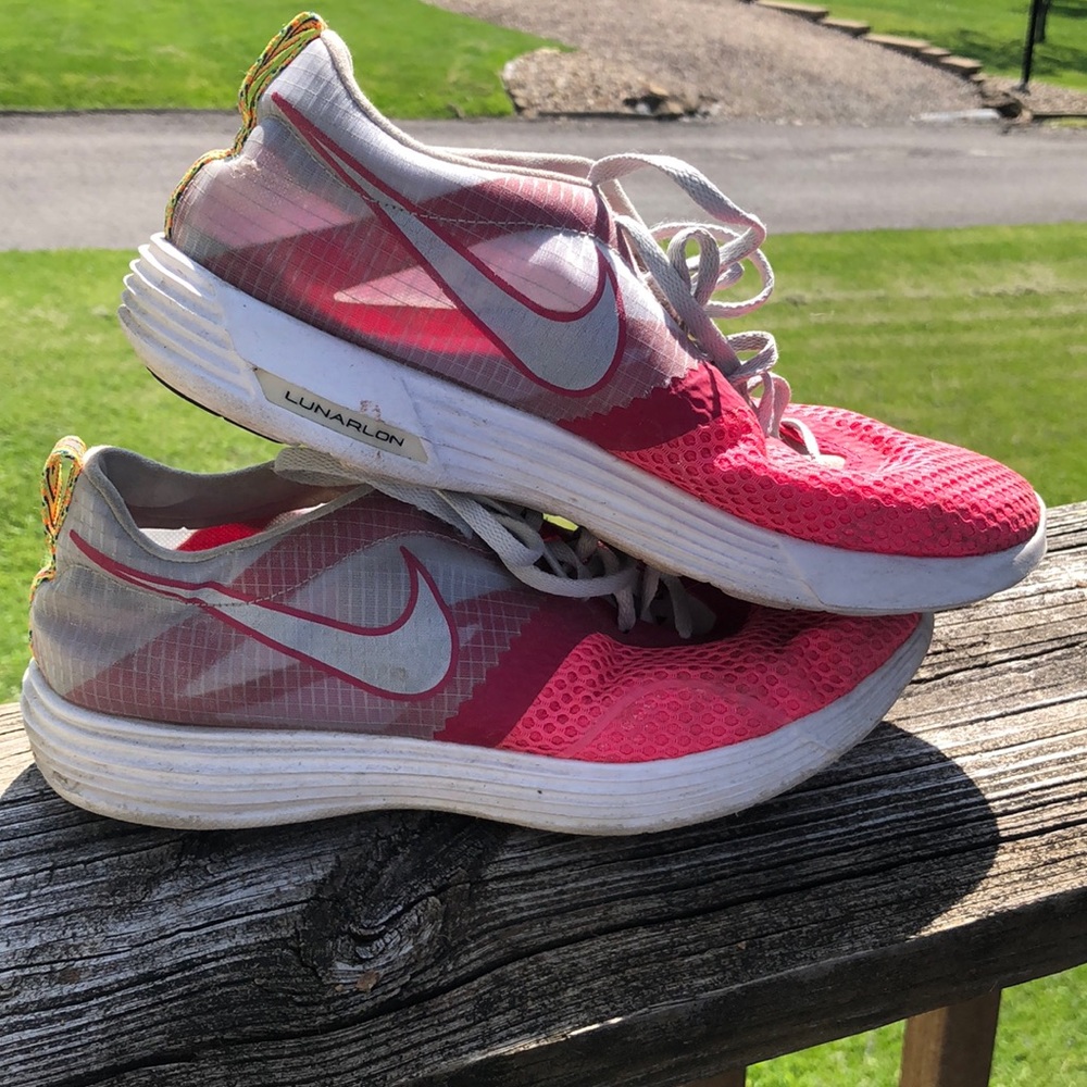 Nike Women's Pink and White Lunarlon Running Shoes